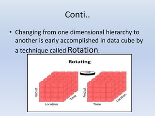 Conti..
• Changing from one dimensional hierarchy to
another is early accomplished in data cube by
a technique called Rotation.
 
