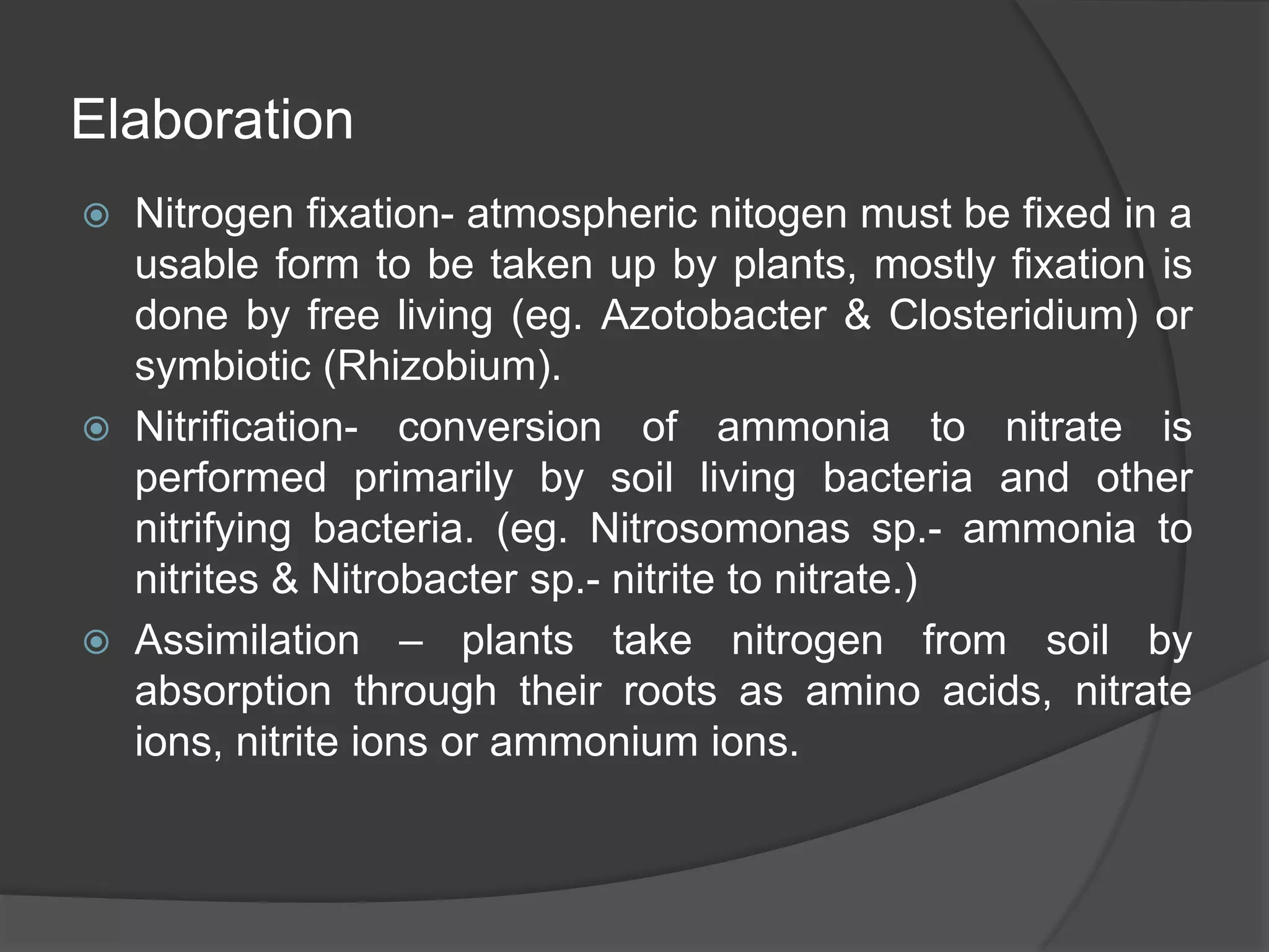Elaboration
 Nitrogen fixation- atmospheric nitogen must be fixed in a
usable form to be taken up by plants, mostly fixation is
done by free living (eg. Azotobacter & Closteridium) or
symbiotic (Rhizobium).
 Nitrification- conversion of ammonia to nitrate is
performed primarily by soil living bacteria and other
nitrifying bacteria. (eg. Nitrosomonas sp.- ammonia to
nitrites & Nitrobacter sp.- nitrite to nitrate.)
 Assimilation – plants take nitrogen from soil by
absorption through their roots as amino acids, nitrate
ions, nitrite ions or ammonium ions.
 
