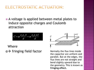  A voltage is applied between metal plates to
induce opposite charges and Coulomb
attraction
Where
α fringing field factor Normally the flux lines inside
the capacitor are uniform and
parallel. But at the edges, the
flux lines are not straight and
bend slightly upward due to
the geometry. This is known as
fringing effect.
 