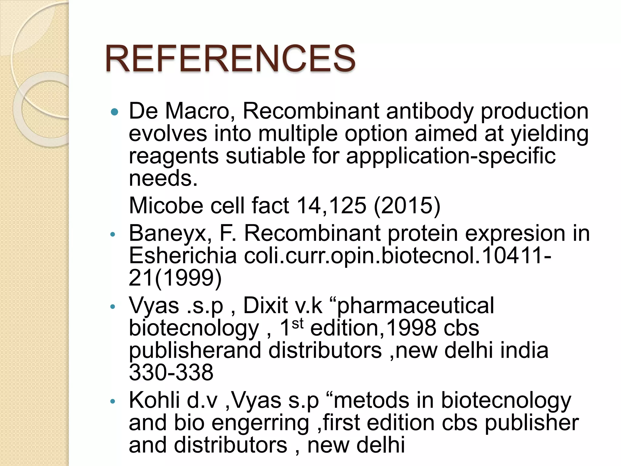 REFERENCES
 De Macro, Recombinant antibody production
evolves into multiple option aimed at yielding
reagents sutiable for appplication-specific
needs.
Micobe cell fact 14,125 (2015)
• Baneyx, F. Recombinant protein expresion in
Esherichia coli.curr.opin.biotecnol.10411-
21(1999)
• Vyas .s.p , Dixit v.k “pharmaceutical
biotecnology , 1st edition,1998 cbs
publisherand distributors ,new delhi india
330-338
• Kohli d.v ,Vyas s.p “metods in biotecnology
and bio engerring ,first edition cbs publisher
and distributors , new delhi
 