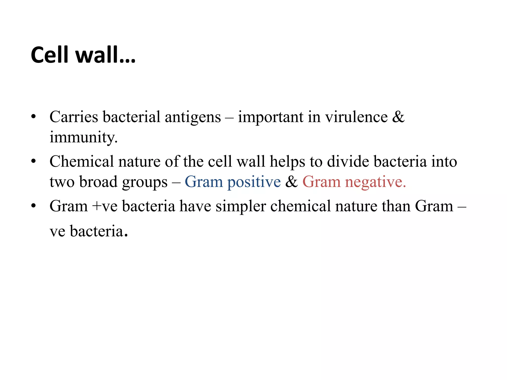 Cell wall…
• Carries bacterial antigens – important in virulence &
immunity.
• Chemical nature of the cell wall helps to divide bacteria into
two broad groups – Gram positive & Gram negative.
• Gram +ve bacteria have simpler chemical nature than Gram –
ve bacteria.
 