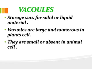 VACOULES
• Storage sacs for solid or liquid
material .
• Vacuoles are large and numerous in
plants cell.
• They are small or absent in animal
cell .
 