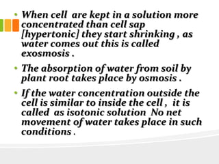 • When cell are kept in a solution more
concentrated than cell sap
[hypertonic] they start shrinking , as
water comes out this is called
exosmosis .
• The absorption of water from soil by
plant root takes place by osmosis .
• If the water concentration outside the
cell is similar to inside the cell , it is
called as isotonic solution No net
movement of water takes place in such
conditions .
 