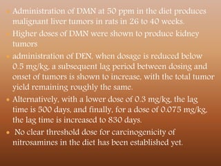  Administration of DMN at 50 ppm in the diet produces
malignant liver tumors in rats in 26 to 40 weeks.
 Higher doses of DMN were shown to produce kidney
tumors
 administration of DEN, when dosage is reduced below
0.5 mg/kg, a subsequent lag period between dosing and
onset of tumors is shown to increase, with the total tumor
yield remaining roughly the same.
 Alternatively, with a lower dose of 0.3 mg/kg, the lag
time is 500 days, and finally, for a dose of 0.075 mg/kg,
the lag time is increased to 830 days.
 No clear threshold dose for carcinogenicity of
nitrosamines in the diet has been established yet.
 