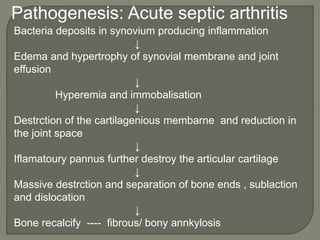 Pathogenesis: Acute septic arthritis
Bacteria deposits in synovium producing inflammation
↓
Edema and hypertrophy of synovial membrane and joint
effusion
↓
Hyperemia and immobalisation
↓
Destrction of the cartilagenious membarne and reduction in
the joint space
↓
Iflamatoury pannus further destroy the articular cartilage
↓
Massive destrction and separation of bone ends , sublaction
and dislocation
↓
Bone recalcify ---- fibrous/ bony annkylosis
 
