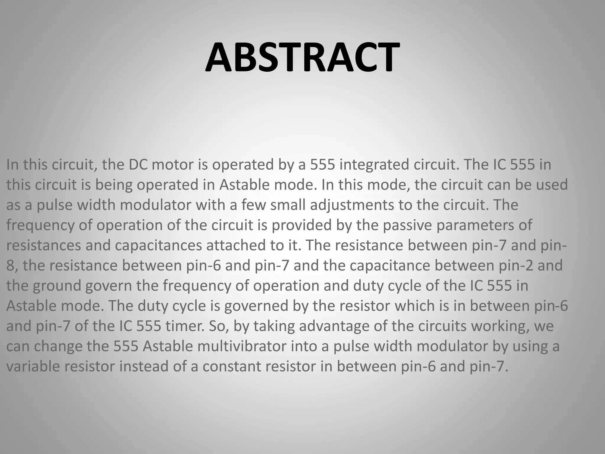 Speed control of DC motor using pulse width modulation technique | PPTX