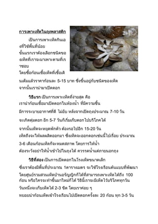 การเพาะเห็ดในถุงพลาสติก
เป็นการเพาะเห็ดกินเอ
งที่ใช้พื้นที่น้อย
ขั้นแรกเราต้องเลือกชนิดขอ
งเห็ดที่เราจะมาเพาะตามที่เร
าชอบ
โดยซื้อก้อนเชื้อเห็ดที่เชื้อเดิ
นเต็มแล้วราคาก้อนละ 5-15 บาท ซึ่งขึ้นอยู่กับชนิดของเห็ด
จากนั้นเรานามาเปิดดอก
วิธีแรก เป็นการเพาะเห็ดที่ง่ายสุด คือ
เรานาก้อนเชื้อมาเปิดดอกในห้องน้า ที่มีความชื้น
มีการระบายอากาศที่ดี ไม่อับ หลังจากเปิดถุงประมาณ 7-10 วัน
จะเกิดตุ่มดอก อีก 5-7 วันก็เริ่มเก็บดอกไปบริโภคได้
จากนั้นเห็ดจะหยุดพักตัว ต้องรอไปอีก 15-20 วัน
เห็ดถึงจะให้ผลผลิตออกมา ซึ่งเห็ดจะออกดอกเช่นนี้ไปเรื่อย ประมาณ
3-6 เดือนก้อนเห็ดก็จะหมดสภาพ โดยการให้น้า
ต้องระวังอย่าให้น้าเข้าไปในถุงได้ ควรรดน้าแต่ภายนอกถุง
วิธีที่สอง เป็นการเปิดดอกในโรงเห็ดขนาดเล็ก
ซึ่งเราต้องมีพื้นที่ประมาณ 1ตารางเมตร จะใช้โรงเรือนต้นแบบที่พัฒนา
โดยศูนย์รวมสวนเห็ดบ้านอรัญญิกก็ได้ที่สามารถเพาะเห็ดได้ถึง 100
ก้อน หรือใครจะทาขึ้นมาใหม่ก็ได้ วิธีนี้เราจะมีเห็ดไว้บริโภคทุกวัน
วันหนึ่งจะเก็บเห็ดได้ 2-3 ขีด โดยเราค่อย ๆ
ทยอยนาก้อนเห็ดเข้าโรงเรือนไปเปิดดอกครั้งละ 20 ก้อน ทุก 3-5 วัน
 