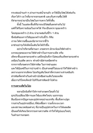 กระสอบป่านเก่า ๆ ผ่านการแช่น้ามาแล้ว มาใช้เป็นวัสดุได้เช่นกัน
เรียกได้ว่า อะไรที่มาจากธรรมชาติ และเก็บความชื้นได้ดี
ก็สามารถนามาเป็นวัสดุในการเพาะได้ทั้งสิ้น
ทั้งนี้ ในแต่ละพื้นที่ก็อาจจะมีวัสดุที่แตกต่างกันไป
แต่ที่ได้รับความนิยมในภาคใต้ ก็จะเป็นพวก ขุยมะพร้าว
โดยขุยมะพร้าว 2 ส่วน นามาผสมกับขี้วัว 1 ส่วน
ซึ่งข้อดีของการใช้ขุยมะพร้าวกับขี้วัว ก็คือ
เราจะได้ความชื้นและมีอาหารจากขี้วัว
มาช่วยบารุงให้เห็ดนั้นเติบโตได้เร็วขึ้น
อย่างไรก็ตามที่ผ่านมา เกษตรกร มักจะนิยมใช้ฟางข้าว
บรรพบุรุษของเราจะใช้ฟางข้าวในการเพาะเห็ด หรือ
เห็ดจะขึ้นเองตามกองฟาง แต่ปัจจุบันที่เราไม่พบเห็นเห็ดตามกองฟาง
เหมือนในอดีต เพราะ ฟางข้าวมีสารเคมีตกค้าง
จากการที่เกษตรกรใช้สารพิษ ในการฆ่าแมลง
และใช้ปุ๋ยเคมีในการบารุงข้าว เป็นสาเหตุที่ไม่แนะนาให้ใช้ฟางข้าว
เพราะนอกจากเห็ดจะไม่เจริญเติบโตเท่าที่ควรเพราะสารเคมีแล้ว
สารพิษที่ตกค้างในฟางข้าวยังซึมผ่านเส้นใยของเห็ด
เมื่อเราบริโภคเห็ดเข้าไปก็รับสารพิษเข้าไปด้วย
การเพาะเห็ดในโอ่ง
หลายปัจจัยที่ทาให้การทาเกษตรโดยทั่วไป
ถูกปรับเปลี่ยนวิธีการและใช้แนวคิดใหม่ๆ นอกกรอบ
สืบเนื่องจากปัญหาและอุปสรรคอย่างแรกคือ พื้นที่เพาะปลูก
รายจ่ายในอุปกรณ์อื่นๆ ที่ต้องซื้อหา รวมทั้งระยะเวลา
และสภาพแวดล้อมต่างๆ ที่อาจเป็นอุปสรรคในการให้ผลผลิต
เป็นผลให้เกิดนวัตรกรรมทางความคิด ทาให้ได้รูปแบบใหม่ๆ
ในด้านการเกษตร
 