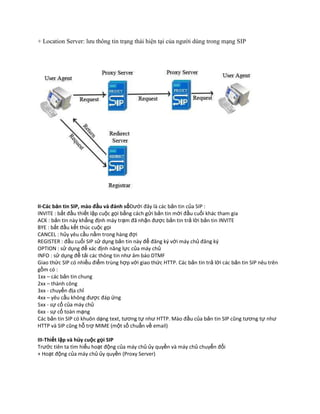 + Location Server: lưu thông tin trạng thái hiện tại của người dùng trong mạng SIP




II-Các bản tin SIP, mào đầu và đánh sốDưới đây là các bản tin của SIP :
INVITE : bắt đầu thiết lập cuộc gọi bằng cách gửi bản tin mời đầu cuối khác tham gia
ACK : bản tin này khẳng định máy trạm đã nhận được bản tin trả lời bản tin INVITE
BYE : bắt đầu kết thúc cuộc gọi
CANCEL : hủy yêu cầu nằm trong hàng đợi
REGISTER : đầu cuối SIP sử dụng bản tin này để đăng k{ với máy chủ đăng k{
OPTION : sử dụng để xác định năng lực của máy chủ
INFO : sử dụng để tải các thông tin như âm báo DTMF
Giao thức SIP có nhiều điểm trùng hợp với giao thức HTTP. Các bản tin trả lời các bản tin SIP nêu trên
gồm có :
1xx – các bản tin chung
2xx – thành công
3xx - chuyển địa chỉ
4xx – yêu cầu không được đáp ứng
5xx - sự cố của máy chủ
6xx - sự cố toàn mạng
Các bản tin SIP có khuôn dạng text, tương tự như HTTP. Mào đầu của bản tin SIP cũng tương tự như
HTTP và SIP cũng hỗ trợ MIME (một số chuẩn về email)

III-Thiết lập và hủy cuộc gọi SIP
Trước tiên ta tìm hiểu hoạt động của máy chủ ủy quyền và máy chủ chuyển đổi
+ Hoạt động của máy chủ ủy quyền (Proxy Server)
 