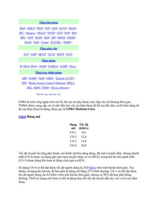 Tầng ứng dụng

BGP · DHCP · DNS · FTP · GTP · HTTP · IMAP ·
IRC · Megaco · MGCP · NNTP · NTP · POP · RIP ·
 RPC · RTP · RTSP · SDP · SIP · SMTP · SNMP ·
    SOAP · SSH · Telnet · TLS/SSL · XMPP ·

                  Tầng giao vận

   TCP · UDP · DCCP · SCTP · RSVP · ECN ·

                    Tầng mạng

IP (IPv4, IPv6) · ICMP · ICMPv6 · IGMP · IPsec ·

             Tầng truy nhập mạng

  ARP · RARP · NDP · OSPF · Tunnels (L2TP) ·
  PPP · Media Access Control (Ethernet, MPLS,
      DSL, ISDN, FDDI) · Device Drivers ·

              Hộp này: xem • thảo luận • sửa



GPRS là một công nghệ mới mà tốc độ của nó phụ thuộc trực tiếp vào số khoảng thời gian
TDMA được cung cấp, nó sẽ nhỏ dần tùy vào (a) điện thoại đó hỗ trợ đến đâu và (b) khả năng tối
đa của điện thoại di động, được gọi là GPRS Multislot Class.

[sửa] Bảng mã

                                               Dạng Tốc độ
                                                mã (kbit/s)
                                               CS-1  8,0
                                               CS-2 12,0
                                               CS-3 14,4
                                               CS-4 20,0

Tốc độ truyền tải cũng phụ thuộc vào kênh mã hóa đang dùng. Bộ mã ít mạnh nhất, nhưng nhanh
nhất (CS-4) được sử dụng gần một trạm truyền nhận cơ sở (BTS), trong khi bộ mã mạnh nhất
(CS-1) được dùng khi trạm di động cách quá xa BTS.

Sử dụng CS-4 có thể đạt được tốc độ người dùng là 20,0 kbit/s trên một khoản thời gian. Tuy
nhiên, sử dụng bộ mã này độ bao phủ di động chỉ bằng 25% bình thường. CS-1 có thể đạt được
tốc độ người dùng chỉ 8,0 kbit/s trên một khoản thời gian, nhưng có 98% độ bao phủ thông
thường. Thiết bị mạng mới hơn có thể tự động thay đổi tốc độ truyền dẫn tùy vào vị trí của điện
thoại.
 