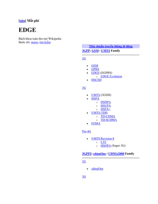 [sửa] Mất phí

EDGE
Bách khoa toàn thư mở Wikipedia
Bước tới: menu, tìm kiếm
                                      Tiêu chuẩn truyền thông di động
                                  3GPP: GSM / UMTS Family

                                  2G

                                           GSM
                                           GPRS
                                           EDGE (EGPRS)
                                             o EDGE Evolution
                                           HSCSD

                                  3G

                                           UMTS (3GSM)
                                           HSPA
                                             o HSDPA
                                             o HSUPA
                                             o HSPA+
                                           UMTS-TDD
                                             o TD-CDMA
                                             o TD-SCDMA
                                           FOMA

                                  Pre-4G

                                           UMTS Revision 8
                                             o LTE
                                             o HSOPA (Super 3G)


                                  3GPP2: cdmaOne / CDMA2000 Family

                                  2G

                                           cdmaOne

                                  3G
 