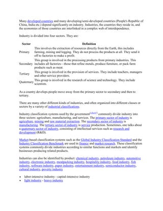 Many developed countries and many developing/semi-developed countries (People's Republic of
China, India etc.) depend significantly on industry. Industries, the countries they reside in, and
the economies of those countries are interlinked in a complex web of interdependence.

Industry is divided into four sectors. They are:

  Sector                                         Definition
           This involves the extraction of resources directly from the Earth, this includes
Primary    farming, mining and logging. They do not process the products at all. They send it
           off to factories to make a profit.
           This group is involved in the processing products from primary industries. This
Secondary includes all factories—those that refine metals, produce furniture, or pack farm
           products such as meat.
           This group is involved in the provision of services. They include teachers, managers
Tertiary
           and other service providers.
           This group is involved in the research of science and technology. They include
Quaternary
           scientists.

As a country develops people move away from the primary sector to secondary and then to
tertiary.

There are many other different kinds of industries, and often organized into different classes or
sectors by a variety of industrial classifications.

Industry classification systems used by the government[which?] commonly divide industry into
three sectors: agriculture, manufacturing, and services. The primary sector of industry is
agriculture, mining and raw material extraction. The secondary sector of industry is
manufacturing. The tertiary sector of industry is service production. Sometimes, one talks about
a quaternary sector of industry, consisting of intellectual services such as research and
development (R&D).

Market-based classification systems such as the Global Industry Classification Standard and the
Industry Classification Benchmark are used in finance and market research. These classification
systems commonly divide industries according to similar functions and markets and identify
businesses producing related products.

Industries can also be identified by product: chemical industry, petroleum industry, automotive
industry, electronic industry, meatpacking industry, hospitality industry, food industry, fish
industry, software industry, paper industry, entertainment industry, semiconductor industry,
cultural industry, poverty industry

    labor-intensive industry - capital-intensive industry
    light industry - heavy industry
 