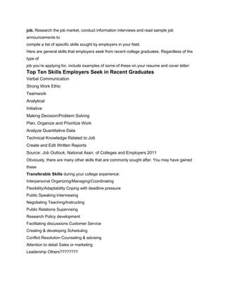 job. Research the job market, conduct information interviews and read sample job
announcements to
compile a list of specific skills sought by employers in your field.
Here are general skills that employers seek from recent college graduates. Regardless of the
type of
job you’re applying for, include examples of some of these on your resume and cover letter:
Top Ten Skills Employers Seek in Recent Graduates
Verbal Communication
Strong Work Ethic
Teamwork
Analytical
Initiative
Making Decision/Problem Solving
Plan, Organize and Prioritize Work
Analyze Quantitative Data
Technical Knowledge Related to Job
Create and Edit Written Reports
Source: Job Outlook, National Assn. of Colleges and Employers 2011
Obviously, there are many other skills that are commonly sought after. You may have gained
these
Transferable Skills during your college experience:
Interpersonal Organizing/Managing/Coordinating
Flexibility/Adaptability Coping with deadline pressure
Public Speaking Interviewing
Negotiating Teaching/Instructing
Public Relations Supervising
Research Policy development
Facilitating discussions Customer Service
Creating & developing Scheduling
Conflict Resolution Counseling & advising
Attention to detail Sales or marketing
Leadership Others????????
 