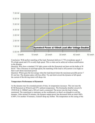 Conclusion: With perfect matching of the load, Dymotec6 delivers 2.7 W at moderate speed, 5
W at high speed and 6 W at really high speed. This is what can be achieved without modification
to the dynamo.
Question: Why does a standard 3 W light system with the Dymotec6 not burn out the bulbs at 50
km/h ? This is because at such high speed, the matching of the load is off (current is too high) so
that it can't drain maximum power.
Question: Where goes the lost energy when the load doesn't drain the maximum possible power ?
It's not lost. The dynamo spins with less effort. Try and short-circuit the dynamo at full speed,
the current of the driving motor will drop a lot.

Temperature Performance of Dymotec6

As the dynamo runs for extended periods of time, its temperature increases. This test runs the
B+M Dymotec6 at 50 km/h and 23ºC ambient temperature. The Greinacher doubler circuit (2x
1N5818 & 2x 1000uF) and a 180 mA load is connected. The power into the load is being
monitored. The experiment is stationary on the workbensch, so there's no draught to cool the
dynamo. After around 20 minutes, the dynamo output power has decreased from an inital 100%
to 80%. For another 10 minutes, it doesn't drop any further. The temperature on the casing of the
 