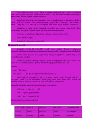 Tentu saja penutur bahasa Inggris hanya mengenal „rice‟ untuk menyebut
nasi, beras,gabah, dan padi. Itu dikarenakan mereka tidak memiliki budaya mengolah padi,
gabah, beras dannasi, seperti bangsa Indonesia.
Kesulitan lain dalam menganalisis makna adalah adanya kenyataan bahwa
tidak selalu penanda dan referent -nya memiliki hubungan satu lawan
satu. Yang artinya, setiap tandalingustik tidak selalu hanya memiliki satu makna.
Adakalanya, satu tanda lingustik memiliki dua acuan atau lebih. Dan
sebaliknya, duatanda lingustik, dapat memiliki satu acuan yang sama.
Hubungan tersebut dapat digambarkan dengan contoh-contoh berikut :
Bisa = racun = dapat
Buku,Kitab = Lembar kertas berjilid
B. Jenis Semantik
Semantik memiliki memiliki objek studi makna dalam keseluruhan
semantika bahasa,namun tidak semua tataran bahasa memiliki masalah semantik Leksikon
Tataran tata bahasa atau gramatika dibagi menjadi dua subtataran, yaitu
morfologi dan sintaksis.
Morfologi adalah cabang lnguistik yang mempelajari struktur intern kata,
serta proses pembentukannya. Satuan dari morfologi yaitu morfem dan kata.
Contoh :
Ajar = Pe - lajar
Be – lajar ( pe- dan be- dapat membedakan makna )
S e d a n g k a n s i n t a k s i s , a d a l a h s t u d i m e n g e n a i h u b u n g a n k a t a
d e n g a n k a t a d a l a m membentuk satuan yang lebih besar, yaitu frase, klausa, dan
kalimat. Sintaksis memiliki satuanyaitu kata, frase, klausa, dan kalimat.
Semantik sintaktikal memiliki tataran bawahan yang disebut :
a ) F u n g s i g r a m a t i k a l
b ) K a t e g o r i g r a m a t i k a l
c ) P e r a n g r a m a t i k a l
Contoh analisis semantik sintaktikal
Kata fungsi Si udin menjaga adiknya Di rumah sakit
Fungsi subjek predikat objek keterangan
kategori nomina verba nomina nomina
 