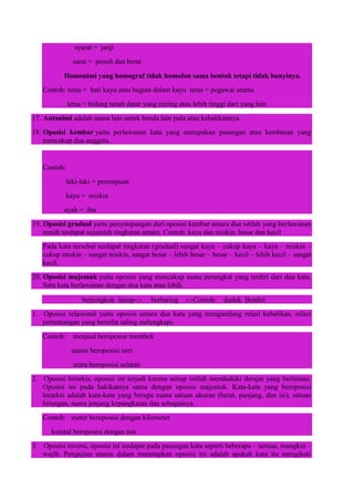 syarat = janji
sarat = penuh dan berat
Homonimi yang homograf tidak homofon sama bentuk tetapi tidak bunyinya.
Contoh: teras = hati kayu atau bagian dalam kayu teras = pegawai utama
teras = bidang tanah datar yang miring atau lebih tinggi dari yang lain
17. Antonimi adalah nama lain untuk benda lain pula atau kebalikannya.
18. Oposisi kembar yaitu perlawanan kata yang merupakan pasangan atau kembaran yang
mencakup dua anggota.
Contoh:
laki-laki = perempuan
kaya = miskin
ayah = ibu
19. Oposisi gradual yaitu penyimpangan dari oposisi kembar antara dua istilah yang berlawanan
masih terdapat sejumlah tingkatan antara. Contoh: kaya dan miskin, besar dan kecil
Pada kata tersebut terdapat tingkatan (gradual) sangat kaya – cukup kaya – kaya – miskin –
cukup miskin – sangat miskin, sangat besar – lebih besar – besar – kecil – lebih kecil – sangat
kecil.
20. Oposisi majemuk yaitu oposisi yang mencakup suatu perangkat yang terdiri dari dua kata.
Satu kata berlawanan dengan dua kata atau lebih.
berjongkok tiarap berbaring Contoh: duduk Berdiri
1. Oposisi relasional yaitu oposisi antara dua kata yang mengandung relasi kebalikan, relasi
pertentangan yang bersifat saling melengkapi.
Contoh: menjual beroposisi membeli
suami beroposisi istri
utara beroposisi selatan
2. Oposisi hirarkis, oposisi ini terjadi karena setiap istilah menduduki derajat yang berlainan.
Oposisi ini pada hakikatnya sama dengan oposisi majemuk. Kata-kata yang beroposisi
hirarkis adalah kata-kata yang berupa nama satuan ukuran (berat, panjang, dan isi), satuan
hitungan, nama jenjang kepangkatan dan sebagainya.
Contoh: meter beroposisi dengan kilometer
kuintal beroposisi dengan ton
3. Oposisi inversi, oposisi ini terdapat pada pasangan kata seperti beberapa – semua, mungkin –
wajib. Pengujian utama dalam menetapkan oposisi ini adalah apakah kata itu mengikuti
 