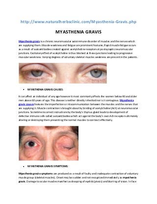 http://www.naturalherbsclinic.com/Myasthenia-Gravis.php

MYASTHENIA GRAVIS
Myasthenia gravis is a chronic neuromuscular autoimmune disorder of muscles and the nerves which
are supplying them. Muscle weakness and fatigue are prominent features. Rapid muscle fatigue occurs
as a result of autoantibodies created against acetylcholine receptors at postsynaptic neuromuscular
junctions. Excitatory effect of acetylcholine is thus blocked at these junctions leading to progressive
muscular weakness. Varying degrees of voluntary skeletal muscles weakness are present in the patients.

MYASTHENIA GRAVIS CAUSES:
It can affect an individual of any age however it most commonly affects the women below 40 and older
men above 60 years of age. This disease is neither directly inherited nor is it contagious. Myasthenia
gravis causes features the imperfection or miscommunication between the muscles and the nerves that
are supplying it. Muscle contraction is brought about by binding of acetylcholine (Ach) at neuromuscular
junctions. Sometime incorrect instructions by the body’s thymus gland leads to development of
defective immune cells called autoantibodies which act against the body’s own Ach receptors ultimately
altering or destroying them preventing the normal muscles to contract effectively.

MYASTHENIA GRAVIS SYMPTOMS:
Myasthenia gravis symptoms are produced as a result of faulty and inadequate contraction of voluntary
muscle group (skeletal muscles). Onset may be sudden and not recognized immediately as myasthenia
gravis. Damage to ocular muscles manifest as drooping of eyelids (ptosis) and blurring of vision. In face

 