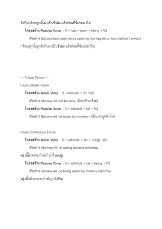 (ลิงกินกล้วยลูกนัน้มำเป็นชวั่โมงแล้วก่อนที่ฉันจะมำถึง) 
โครงสร้าง Passive Voice : S + had + been + being + V3 
ตัวอย่ำง Banana had been being eaten by monkey for an hour before I arrived. 
(กล้วยลูกนัน้ถูกลิงกินมำเป็นชวั่โมงแล้วก่อนที่ฉันจะมำถึง) 
== Future Tense == 
Future Simple Tense 
โครงสร้าง Active Voice : S +will/shall + V1 +(O) 
ตัวอย่ำง Monkey will eat banana. (ลิงจะกินกล้วย) 
โครงสร้าง Passive Voice : S + will/shall + be + V3 
ตัวอย่ำง Banana will be eaten by monkey. (กล้วยจะถูกลิงกิน) 
Future Continuous Tense 
โครงสร้าง Active Voice : S + will/shall + be + V(ing) +(O) 
ตัวอย่ำง Monkey will be eating banana tomorrow. 
(พรุ่งนีลิ้งคงจะกำลังกินกล้วยอยู่) 
โครงสร้าง Passive Voice : S + will/shall + be + being + V3 
ตัวอย่ำง Banana will be being eaten by monkey tomorrow. 
(พรุ่งนีก้ล้วยคงจะกำลังถูกลิงกิน) 
 