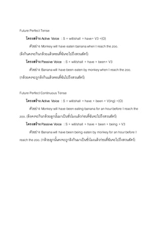 Future Perfect Tense 
โครงสร้าง Active Voice : S + will/shall + have+ V3 +(O) 
ตัวอย่ำง Monkey will have eaten banana when I reach the zoo. 
(ลิงกินคงจะกินกล้วยแล้วตอนที่ฉันจะไปถึงสวนสัตว์) 
โครงสร้าง Passive Voice : S + will/shall + have + been+ V3 
ตัวอย่ำง Banana will have been eaten by monkey when I reach the zoo. 
(กล้วยคงจะถูกลิงกินแล้วตอนที่ฉันไปถึงสวนสัตว์) 
Future Perfect Continuous Tense 
โครงสร้าง Active Voice : S + will/shall + have + been + V(ing) +(O) 
ตัวอย่ำง Monkey will have been eating banana for an hour before I reach the 
zoo. (ลิงคงจะกินกล้วยลูกนัน้มำเป็นชวั่โมงแล้วก่อนที่ฉันจะไปถึงสวนสัตว์) 
โครงสร้าง Passive Voice : S + will/shall + have + been + being + V3 
ตัวอย่ำง Banana will have been being eaten by monkey for an hour before I 
reach the zoo. (กล้วยลูกนัน้คงจะถูกลิงกินมำเป็นชวั่โมงแล้วก่อนที่ฉันจะไปถึงสวนสัตว์) 
 