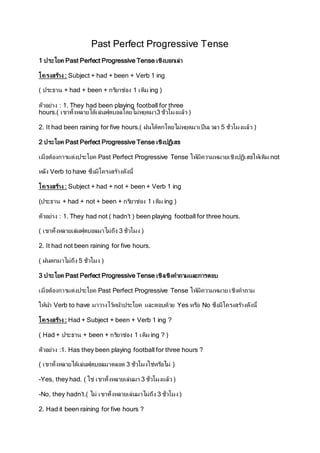 Past Perfect Progressive Tense 
1 ประโยค Past Perfect Progressive Tense เชิงบอกเล่า 
โครงสรา้ง : Subject + had + been + Verb 1 ing 
( ประธาน + had + been + กรยิาช่อง 1 เติม ing ) 
ตวัอย่าง : 1. They had been playing football for three 
hours.( เขาทั้งหลายได้เล่นฟุตบอลโดยไม่หยุดมา3 ช่วัโมงแล้ว ) 
2. It had been raining for five hours.( ฝนได้ตกโดยไม่หยุดมาเป็นเวลา 5 ช่วัโมงแล้ว ) 
2 ประโยค Past Perfect Progressive Tense เชิงปฏเิสธ 
เมื่อต้องการแต่งประโยค Past Perfect Progressive Tense ใหมี้ความหมายเชิงปฏเิสธใหเ้ติม not 
หลงั Verb to have ซึ่งมีโครงสรา้งดงันี้ 
โครงสรา้ง : Subject + had + not + been + Verb 1 ing 
(ประธาน + had + not + been + กรยิาช่อง 1 เติม ing ) 
ตวัอย่าง : 1. They had not ( hadn’t ) been playing football for three hours. 
( เขาทั้งหลายเลน่ฟุตบอลมาไม่ถึง 3 ช่วัโมง ) 
2. It had not been raining for five hours. 
( ฝนตกมาไม่ถึง 5 ช่วัโมง ) 
3 ประโยค Past Perfect Progressive Tense เชิงเชิงคาถามและการตอบ 
เมื่อต้องการแต่งประโยค Past Perfect Progressive Tense ใหมี้ความหมาย เชิงคาถาม 
ใหน้า Verb to have มาวางไวห้นา้ประโยค และตอบด้วย Yes หรอื No ซึ่งมีโครงสรา้งดงันี้ 
โครงสรา้ง : Had + Subject + been + Verb 1 ing ? 
( Had + ประธาน + been + กรยิาช่อง 1 เติม ing ? ) 
ตวัอย่าง :1. Has they been playing football for three hours ? 
( เขาทั้งหลายได้เล่นฟุตบอลมาตลอด 3 ช่วัโมงใช่หรอืไม่ ) 
-Yes, they had. ( ใช่ เขาทั้งหลายเล่นมา 3 ช่วัโมงแล้ว ) 
-No, they hadn’t.( ไม่ เขาทั้งหลายเล่นมาไม่ถึง 3 ช่วัโมง ) 
2. Had it been raining for five hours ? 
 