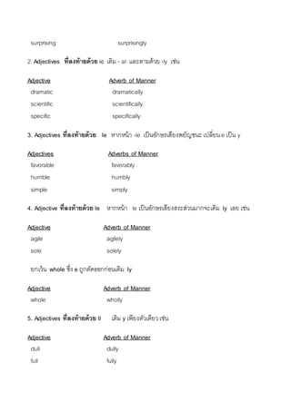 surprising surprisingly 
2. Adjectives ที่ลงท้ายด้วย ic เติม - al และตำมด้วย -ly เช่น 
Adjective Adverb of Manner 
dramatic dramatically 
scientific scientifically 
specific specifically 
3. Adjectives ที่ลงท้ายด้วย le หำกหน้ำ -le เป็นอักษรเสียงพยัญชนะ เปลี่ยน e เป็น y 
Adjectives Adverbs of Manner 
favorable favorably 
humble humbly 
simple simply 
4. Adjective ที่ลงท้ายด้วย le หำกหน้ำ le เป็นอักษรเสียงสระส่วนมำกจะเติม ly เลย เช่น 
Adjective Adverb of Manner 
agile agilely 
sole solely 
ยกเว้น whole ซึ่ง e ถูกตัดออกก่อนเติม ly 
Adjective Adverb of Manner 
whole wholly 
5. Adjectives ที่ลงท้ายด้วย ll เติม y เพียงตัวเดียว เช่น 
Adjective Adverb of Manner 
dull dully 
full fully 
 