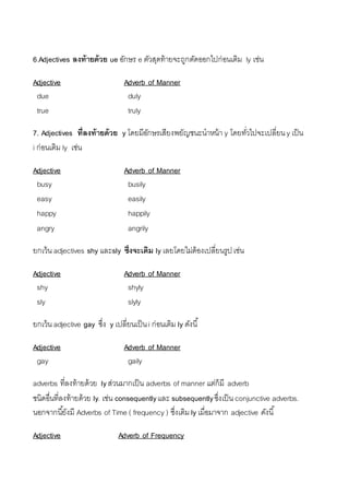 6.Adjectives ลงท้ายด้วย ue อักษร e ตัวสุดท้ำยจะถูกตัดออกไปก่อนเติม ly เช่น 
Adjective Adverb of Manner 
due duly 
true truly 
7. Adjectives ที่ลงท้ายด้วย y โดยมีอักษรเสียงพยัญชนะนำหน้ำ y โดยทวั่ไปจะเปลี่ยน y เป็น 
i ก่อนเติม ly เช่น 
Adjective Adverb of Manner 
busy busily 
easy easily 
happy happily 
angry angrily 
ยกเว้น adjectives shy และsly ซึ่งจะเติม ly เลยโดยไม่ต้องเปลี่ยนรูป เช่น 
Adjective Adverb of Manner 
shy shyly 
sly slyly 
ยกเว้น adjective gay ซึ่ง y เปลี่ยนเป็น i ก่อนเติม ly ดังนี้ 
Adjective Adverb of Manner 
gay gaily 
adverbs ที่ลงท้ำยด้วย ly ส่วนมำกเป็น adverbs of manner แต่ก็มี adverb 
ชนิดอื่นที่ลงท้ำยด้วย ly. เช่น consequently และ subsequently ซึ่งเป็น conjunctive adverbs. 
นอกจำกนียั้งมี Adverbs of Time ( frequency ) ซึ่งเติม ly เมื่อมำจำก adjective ดังนี้ 
Adjective Adverb of Frequency 
 