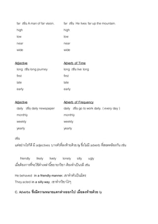 far เช่น A man of far vision. far เช่น He lives far up the mountain. 
high high 
low low 
near near 
wide wide 
Adjective Adverb of Time 
long เช่น long journey long เช่น live long 
first first 
late late 
early early 
Adjective Adverb of Frequency 
daily เช่น daily newspaper daily เช่น go to work daily. ( every day ) 
monthly monthly 
weekly weekly 
yearly yearly 
เช่น 
แต่อย่ำงไรก็ดี มี adjectives บำงตัวที่ลงท้ำยด้วย ly ซึ่งไม่มี adverb ที่สอดคล้องกัน เช่น 
friendly likely lively lonely silly ugly 
เมื่อต้องกำรที่จะใช้คำเหล่ำนีข้ยำยกริยำ ต้องทำเป็นวลี เช่น 
He behaved in a friendly manner. เขำทำตัวเป็นมิตร 
They acted in a silly way. เขำทำกริยำโง่ๆ 
C. Adverbs ซึ่งมีความหมายแตกต่างออกไป เมื่อลงท้ายด้วย ly 
 