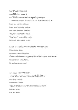 has ใช้กับประธำนเอกพจน์ 
have ใช้กับประธำนพหูพจน์ 
had ใช้ได้ทัง้ประธำนเอกพจน์และพหูพจน์ในรูปของ past 
1. เรำจะใช้กับ Present Perfect Tense และ Past Perfect tense เช่น 
Frank has seen the rainbow. 
Frank hasn't seen the rainbow. 
Has Frank seen the rainbow? 
They have watched the movie. 
They haven't watched the movie. 
Have they watched the movie? 
2. Verb to have ที่เป็นกริยำแท้แปลว่ำ "มี" "รับประธำน"เช่น 
I have a new dress. 
I have lunch early every day. 
เมื่อต้องกำรทำเป็นประโยคปฎิเสธและคำถำมให้เอำ Verb to do มำช่วยเช่น 
We don't have a new home. 
Do we have a new home? 
can could แปลว่ำ "สำมำรถ" 
1.ใช้กล่ำวถึงควำมสำมำรถว่ำสำมำรถทำสิ่งนีสิ้่งนัน้ได้เช่น 
I can play the piano. 
I can speak French. 
ในรูปประโยคปฎิเสธและคำถำมสำมำรถใช้ can ได้เลยเช่น 
She can't drive. 
Can you drive? 
 