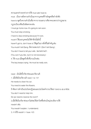 ควำมแตกต่ำงระหว่ำงกำรใช้ must และ have to 
must เป็นกำรสงั่ควำมจำเป็นมำจำกบุคคลที่กำลังพูดหรือกำลังฟัง 
have to พูดถึงควำมจำเป็นที่มำจำกภำยนอกบำงทีอำจจะเพรำะว่ำกฎหมำย 
กฏระเบียบหรือเป็นข้อตกลงเช่น 
I must go home now. It's going to rain soon. 
You must stop smoking. 
I have to stop smoking because I'm sick. 
mustn't ใช้บอกบุคคลไม่ให้ทำสิ่งนัน้สิ่งนี้ 
haven"t got to, don't have to ใช้พูดในบำงสิ่งที่ไม่สำคัญเช่น 
You mustn't tell Dang. มีควำมหมำยว่ำ (Don't tell Dang.) 
You don't have to tell your wife. หมำยควำมว่ำ 
(You can if you like, but it is not necessary.) 
4. ใช้ must เมื่อพูดถึงสิ่งที่เรำแน่ใจเช่น 
The boy keeps crying. He must be really sick. 
need เป็นได้ทัง้กริยำช่วยและกริยำแท้ 
1. เมื่อใช้เป็นกริยำแท้ need + to +V1 
He needs to clean his car. 
You need to water the flowers. 
ถ้ำต้องกำรทำเป็นประโยคปฎิเสธและประโยคคำถำม ให้เอำ Verb to do มำช่วย 
You don't need to help him. 
Do we need to reserve the room? 
2.เมื่อใช้เป็นกริยำช่วยเรำไม่ค่อยใช้เท่ำไหร่ซึ่งส่วนใหญ่จะเห็นกำรใช้ 
needn't เช่น 
You needn't explain. I understand. 
3. กำรใช้ needn't + have +V3 
 