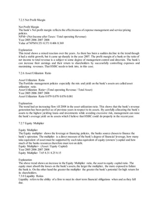 7.2.5 Net Profit Margin 
Net Profit Margin 
The bank’s Net profit margin reflects the effectiveness of expense management and service pricing 
policies. 
NPM= (Net Income after Taxes / Total operating Revenue) 
Year 2005 2006 2007 2008 
Value of NPM 0.351 0.371 0.406 0.369 
Explanation 
This trend shows a mixed reaction over the years. As there has been a sudden decline in the trend though 
it had a stable growth, but it came up sharply in the year 2007. The profit margin of a bank or the ratio of 
net income to total revenue is a subject to some degree of management control and direction. The bank’s 
can increase their earnings and their return to shareholders by successfully controlling expenses and 
maximizing revenues. That HSBC needs to look into, in this case. 
7.2.6 Asset Utilization Ratio 
Asset Utilization Ratio 
The Portfolio management policies especially the mix and yield on the bank’s assets are called asset 
utilization ratio. 
Asset Utilization Ratio= (Total operating Revenue / Total Asset) 
Year 2005 2006 2007 2008 
Asset Utilization Ratio 0.079 0.078 0.076 0.081 
Explanation 
The trend had an increasing flow till 2008 in the asset utilization ratio. This shows that the bank’s revenue 
generation has been perfect as of previous years in respect to its assets. By carefully a llocating the bank’s 
assets to the highest yielding loans and investments while avoiding excessive risk, management can raise 
the bank’s average yield on its assets which I believe that HSBC could do properly in the recent year. 
7.2.7 Equity Multiplier 
Equity Multiplier 
The Equity multiplier shows the leverage or financing policies, the banks source chosen to finance the 
bank’s operation. The multiplier is a direct measure of the bank’s degree of financial leverage, how many 
taka equivalent of asset must be supported by each taka equivalent of equity (owners’) capital and how 
much of the banks resources therefore must rest on debt. 
Equity Multiplier= (Asset / Equity Capital) 
Year 2005 2006 2007 2008 
Equity Multiplier 7.65 8.31 8.25 8.15 
Explanation 
The above trend shows an increase in the Equity Multiplier ratio, the asset to equity capital ratio. The 
equity must absorb the losses on the bank’s assets, the larger the multiplier, the more exposed to failure 
the bank is. On the other hand the greater the multiplier the greater the bank’s potential for high return for 
its shareholders. 
7.3.0 Liquidity Ratios 
Liquidity refers to the ability of a firm to meet its short term financial obligations when and as they fall 
due. 
 