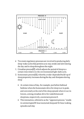  Two main regulatory processes are involved in producing daily
sleep-wake cycles that permits us to stay awake and alert during
the day and to sleep throughoutthe night:
1. Circadian process(C), which adjusts the period of sleep to a
certain time relative to the environmentallight-dark cycle,
2. homeostaticprocess(S), whereby awake-depended build-up of
sleep propensity increases during the day and dissipates during
sleep
 At certain times of day, for example, justbefore habitual
bedtime when the homeostaticdrive for sleep is at its peak,
and conversely at the end of the sleep episode when itis at its
lowest, a strong circadian drive for wakefulness and
sleepiness,respectively,counteracts process S.
 This interaction, referred to as the “opponentprocess,”results
in uninterrupted 8-hournocturnal sleepand 16-hourwaking
episodes each day
 