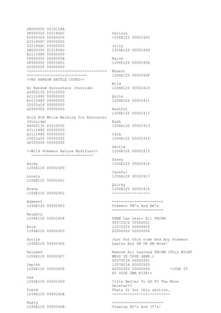DB000000 021D15AA
D8000000 022186DC                      Serious
D2000000 00000000                      1206E120 0000240C
622186DC 00000000
322186DC 00000065                      Jolly
DB000000 022186DC                      1206E120 0000240D
B2111880 00000000
C0000000 0000000B                      Naive
D8000000 00025A5C                      1206E120 0000240E
D2000000 00000000
------------------------------------   Modest
---------------------------            1206E120 0000240F
>>NO RANDOM BATTLE CODES<<
                                       Mild
No Random Encounters (Outside)         1206E120 00002410
a4000130 fffc0000
62111880 00000000                      Quite
b2111880 00000000                      1206E120 00002411
20025a54 00000000
d2000000 00000000                      Bashful
                                       1206E120 00002412
Hold B+A While Walking for Encounter
(Outside)                              Rash
94000130 fffc0000                      1206E120 00002413
62111880 00000000
b2111880 00000000                      Calm
20025a54 000000ff                      1206E120 00002414
d2000000 00000000
                                       Gentle
>>Wild Pokemon Nature Modifier<<       1206E120 00002415
  ----------------------------
                                       Sassy
Hardy                                  1206E120 00002416
1206E120 00002400
                                       Careful
Lonely                                 1206E120 00002417
1206E120 00002401
                                       Quirky
Brave                                  1206E120 00002418
1206E120 00002402                      -----------------

Adamant                                =-=-=-=-=-=-=-=-=-=-=-=
1206E120 00002403                      Pokemon TM's And Hm's
                                       =-=-=-=-=-=-=-=-=-=-=-=
Naughty
1206E120 00002404                      PKMN Can   Learn All TM/HM
                                       920722C6   0000D001
Bold                                   120722C6   000046C0
1206E120 00002405                      D2000000   00000000

Docile                                 Just Put this code And Any Pokemon
1206E120 00002406                      Learns Any TM OR HM Move!

Relaxed                                Remove All Learned TM/HM (This MIGHT
1206E120 00002407                      MESS UP YOUR GAME.)
                                       92078034 00002001
Impish                                 12078034 00002000
1206E120 00002408                      D2000000 00000000         >>USE IT
                                       AT YOUR OWN RISK<<
Lax
1206E120 00002409                      ??Its Better To GO TO The Move
                                       Deleter??
Timid                                  Thats It for this section.
1206E120 0000240A                      --------------------------

Hasty                                  =-=-=-=-=-=-=-=-=-=-=-=
1206E120 0000240B                      Viewing EV's And IV's!
 
