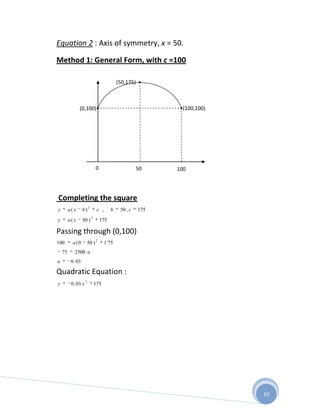 Equation 2 : Axis of symmetry, x = 50.

Method 1: General Form, with c =100

                                               (50,175) •



               (0,100)•                                         •(100,100)




                                 0                       50    100




Completing the square
                         2
y        a(x       b)             c ,      b    50 , c   175
                             2
y        a(x       50 )              175

Passing through (0,100)
                                 2
100        a (0      50 )               1`75
    75      2500 a
a         0 . 03

Quadratic Equation :
                     2
y         0 . 03 x               175




                                                                             10
 