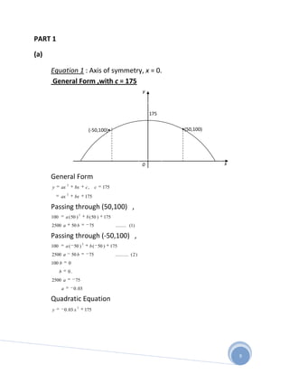 PART 1

(a)

      Equation 1 : Axis of symmetry, x = 0.
      General Form ,with c = 175
                                                                              y



                                                                                  175

                                                                                  •
                                         (-50,100)•                                     •(50,100)




                                                                              0                     x

      General Form
                 2
      y     ax            bx            c,     c   175
                 2
            ax            bx            175

      Passing through (50,100) ,
                                2
      100        a ( 50 )               b ( 50 )    175
      2500 a             50 b             75               ........ (1)

      Passing through (-50,100) ,
                                    2
      100        a ( 50 )                    b ( 50 )    175
      2500 a             50 b            75                .......... ( 2 )
      100 b          0
            b     0.
      2500 a               75
            a             0 . 03

      Quadratic Equation
                            2
      y         0 . 03 x                175




                                                                                                        9
 