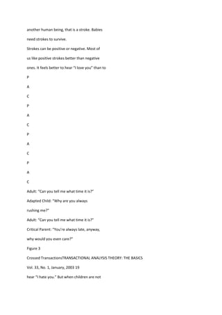 another human being, that is a stroke. Babies

need strokes to survive.

Strokes can be positive or negative. Most of

us like positive strokes better than negative

ones. It feels better to hear “I love you” than to

P

A

C

P

A

C

P

A

C

P

A

C

Adult: “Can you tell me what time it is?”

Adapted Child: “Why are you always

rushing me?”

Adult: “Can you tell me what time it is?”

Critical Parent: “You’re always late, anyway,

why would you even care?”

Figure 3

Crossed TransactionsTRANSACTIONAL ANALYSIS THEORY: THE BASICS

Vol. 33, No. 1, January, 2003 19

hear “I hate you.” But when children are not
 