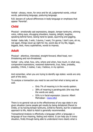 Verbal - always, never, for once and for all, judgmental words, critical
words, patronising language, posturing language.
N.B. beware of cultural differences in body-language or emphases that
appear 'Parental'.

Child
Physical - emotionally sad expressions, despair, temper tantrums, whining
voice, rolling eyes, shrugging shoulders, teasing, delight, laughter,
speaking behind hand, raising hand to speak, squirming and giggling.
Verbal - baby talk, I wish, I dunno, I want, I'm gonna, I don't care, oh no,
not again, things never go right for me, worst day of my life, bigger,
biggest, best, many superlatives, words to impress.

Adult
Physical - attentive, interested, straight-forward, tilted head, non-
threatening and non-threatened.
Verbal - why, what, how, who, where and when, how much, in what way,
comparative expressions, reasoned statements, true, false, probably,
possibly, I think, I realise, I see, I believe, in my opinion.


And remember, when you are trying to identify ego states: words are only
part of the story.
To analyse a transaction you need to see and feel what is being said as
well.
                           Only 7% of meaning is in the words spoken.
                           38% of meaning is paralinguistic (the way that
                           the words are said).
                           55% is in facial expression. (source: Albert
                           Mehrabian - more info)

There is no general rule as to the effectiveness of any ego state in any
given situation (some people get results by being dictatorial (Parent to
Child), or by having temper tantrums, (Child to Parent), but for a balanced
approach to life, Adult to Adult is generally recommended.
Transactional Analysis is effectively a language within a language; a
language of true meaning, feeling and motive. It can help you in every
situation, firstly through being able to understand more clearly what is
 