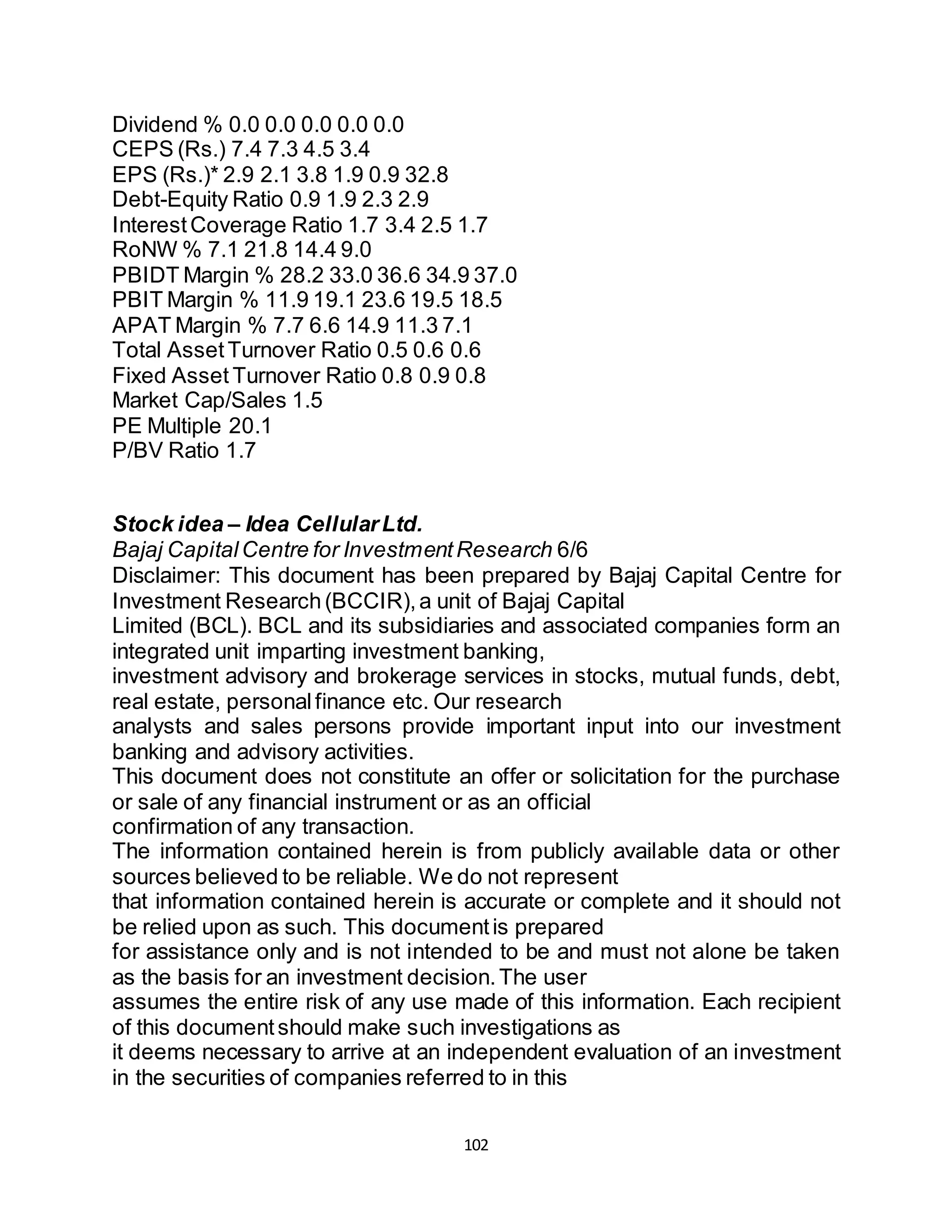 102
Dividend % 0.0 0.0 0.0 0.0 0.0
CEPS (Rs.) 7.4 7.3 4.5 3.4
EPS (Rs.)* 2.9 2.1 3.8 1.9 0.9 32.8
Debt-Equity Ratio 0.9 1.9 2.3 2.9
InterestCoverage Ratio 1.7 3.4 2.5 1.7
RoNW % 7.1 21.8 14.4 9.0
PBIDT Margin % 28.2 33.0 36.6 34.9 37.0
PBIT Margin % 11.9 19.1 23.6 19.5 18.5
APAT Margin % 7.7 6.6 14.9 11.3 7.1
Total AssetTurnover Ratio 0.5 0.6 0.6
Fixed Asset Turnover Ratio 0.8 0.9 0.8
Market Cap/Sales 1.5
PE Multiple 20.1
P/BV Ratio 1.7
Stock idea – Idea CellularLtd.
Bajaj CapitalCentre for InvestmentResearch 6/6
Disclaimer: This document has been prepared by Bajaj Capital Centre for
Investment Research(BCCIR),a unit of Bajaj Capital
Limited (BCL). BCL and its subsidiaries and associated companies form an
integrated unit imparting investment banking,
investment advisory and brokerage services in stocks, mutual funds, debt,
real estate, personalfinance etc. Our research
analysts and sales persons provide important input into our investment
banking and advisory activities.
This document does not constitute an offer or solicitation for the purchase
or sale of any financial instrument or as an official
confirmation of any transaction.
The information contained herein is from publicly available data or other
sources believed to be reliable. We do not represent
that information contained herein is accurate or complete and it should not
be relied upon as such. This documentis prepared
for assistance only and is not intended to be and must not alone be taken
as the basis for an investment decision.The user
assumes the entire risk of any use made of this information. Each recipient
of this documentshould make such investigations as
it deems necessary to arrive at an independent evaluation of an investment
in the securities of companies referred to in this
 