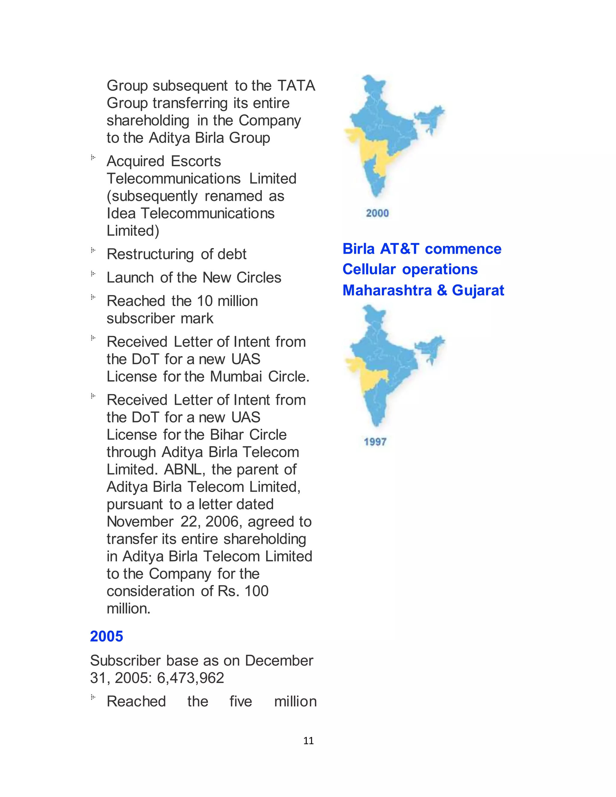 11
Group subsequent to the TATA
Group transferring its entire
shareholding in the Company
to the Aditya Birla Group
Acquired Escorts
Telecommunications Limited
(subsequently renamed as
Idea Telecommunications
Limited)
Restructuring of debt
Launch of the New Circles
Reached the 10 million
subscriber mark
Received Letter of Intent from
the DoT for a new UAS
License for the Mumbai Circle.
Received Letter of Intent from
the DoT for a new UAS
License for the Bihar Circle
through Aditya Birla Telecom
Limited. ABNL, the parent of
Aditya Birla Telecom Limited,
pursuant to a letter dated
November 22, 2006, agreed to
transfer its entire shareholding
in Aditya Birla Telecom Limited
to the Company for the
consideration of Rs. 100
million.
2005
Subscriber base as on December
31, 2005: 6,473,962
Reached the five million
Birla AT&T commence
Cellular operations
Maharashtra & Gujarat
 