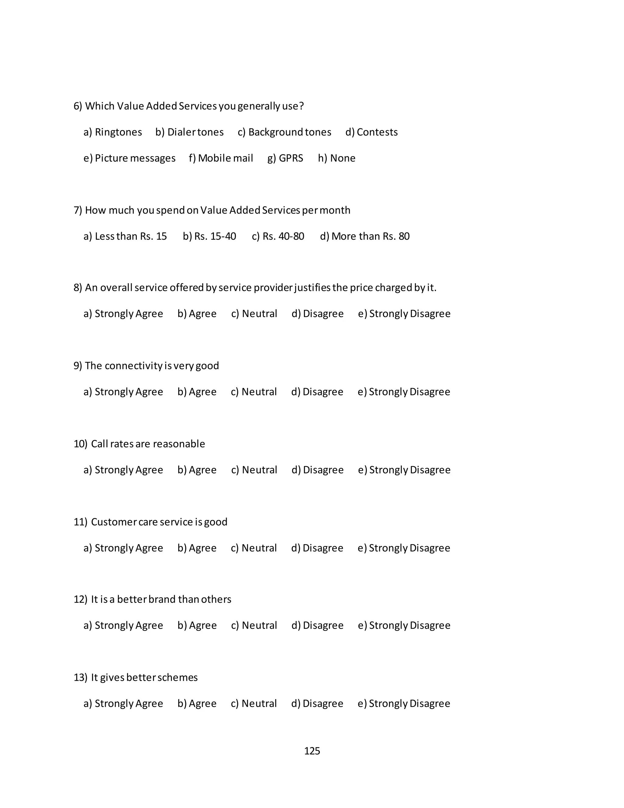 125
6) Which Value AddedServicesyougenerallyuse?
a) Ringtones b) Dialertones c) Backgroundtones d) Contests
e) Picture messages f) Mobile mail g) GPRS h) None
7) How much youspendonValue AddedServicespermonth
a) Lessthan Rs. 15 b) Rs. 15-40 c) Rs. 40-80 d) More than Rs. 80
8) An overall service offeredbyservice providerjustifiesthe price chargedbyit.
a) StronglyAgree b) Agree c) Neutral d) Disagree e) StronglyDisagree
9) The connectivityisverygood
a) StronglyAgree b) Agree c) Neutral d) Disagree e) StronglyDisagree
10) Call ratesare reasonable
a) StronglyAgree b) Agree c) Neutral d) Disagree e) StronglyDisagree
11) Customercare service isgood
a) StronglyAgree b) Agree c) Neutral d) Disagree e) StronglyDisagree
12) It isa betterbrand thanothers
a) StronglyAgree b) Agree c) Neutral d) Disagree e) StronglyDisagree
13) It givesbetterschemes
a) StronglyAgree b) Agree c) Neutral d) Disagree e) StronglyDisagree
 