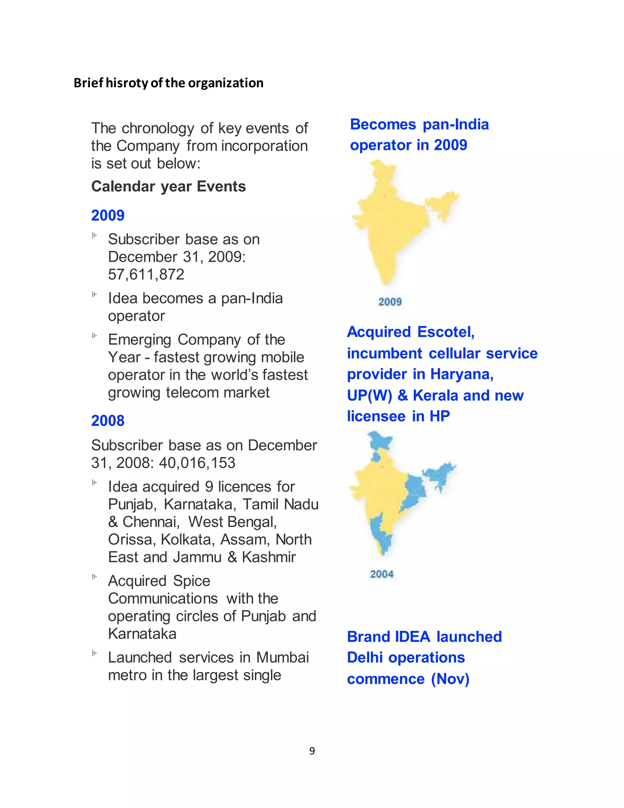 9
Brief hisroty of the organization
The chronology of key events of
the Company from incorporation
is set out below:
Calendar year Events
2009
Subscriber base as on
December 31, 2009:
57,611,872
Idea becomes a pan-India
operator
Emerging Company of the
Year - fastest growing mobile
operator in the world’s fastest
growing telecom market
2008
Subscriber base as on December
31, 2008: 40,016,153
Idea acquired 9 licences for
Punjab, Karnataka, Tamil Nadu
& Chennai, West Bengal,
Orissa, Kolkata, Assam, North
East and Jammu & Kashmir
Acquired Spice
Communications with the
operating circles of Punjab and
Karnataka
Launched services in Mumbai
metro in the largest single
Becomes pan-India
operator in 2009
Acquired Escotel,
incumbent cellular service
provider in Haryana,
UP(W) & Kerala and new
licensee in HP
Brand IDEA launched
Delhi operations
commence (Nov)
 