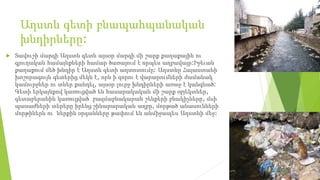 Աղստև գետի բնապահպանական
խնդիրները:
 Տավուշի մարզի Աղստև գետն այսօր մարզի մի շարք քաղաքային ու
գյուղական համայնքների համար ծառայում է որպես աղբավայր:Իջեւան
քաղաքում մեծ խնդիր է Աղստև գետի աղտոտումը: Աղստևը Հայաստանի
խոշորագույն գետերից մեկն է, որն ի զորու է վարարումների ժամանակ
կամուրջներ ու տներ քանդել, այսօր լուրջ խնդիրների առաջ է կանգնած:
Գետի երկայնքով կառուցված են հասարակական մի շարք օբյեկտներ,
գետաբերանին կառուցված բազմաբնակարան շենքերի բնակիչները, մսի
պասաժների տերերը իրենց շինարարական աղբը, մորթած անասունների
մորթիներն ու ներքին օրգանները թափում են անմիջապես Աղստևի մեջ:
 