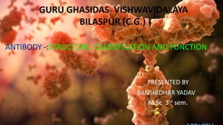 GURU GHASIDAS VISHWAVIDALAYA
BILASPUR (C.G.)
ANTIBODY -:STRUCTURE, CLASSIFICATION AND FUNCTION
PRESENTED BY
BANSHIDHAR YADAV
M.Sc. 3rd sem.
 