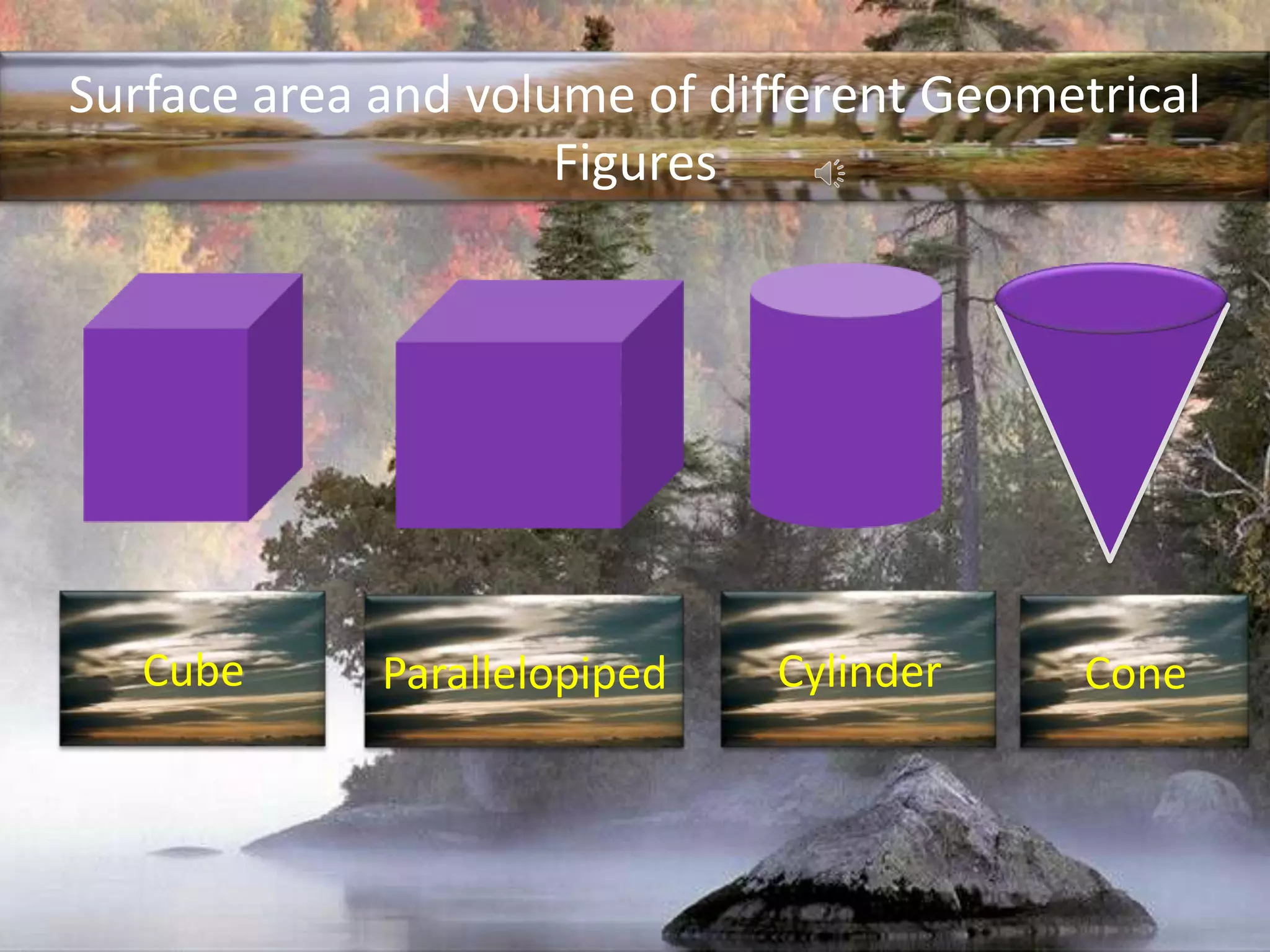 Surface area and volume of different Geometrical FiguresCubeCylinderParallelopipedCone
