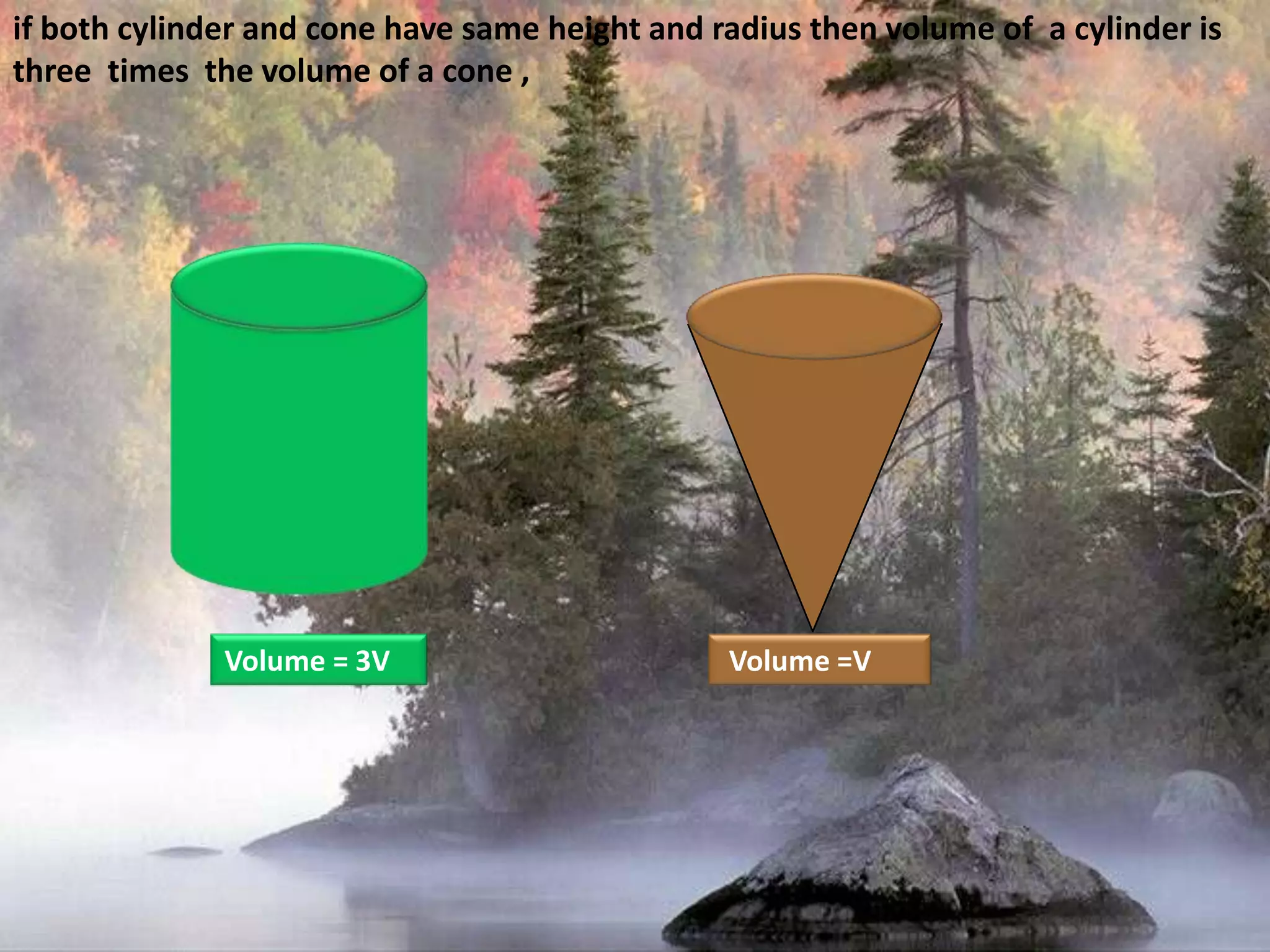 if both cylinder and cone have same height and radius then volume of  a cylinder is three  times  the volume of a cone ,Volume = 3V Volume =V