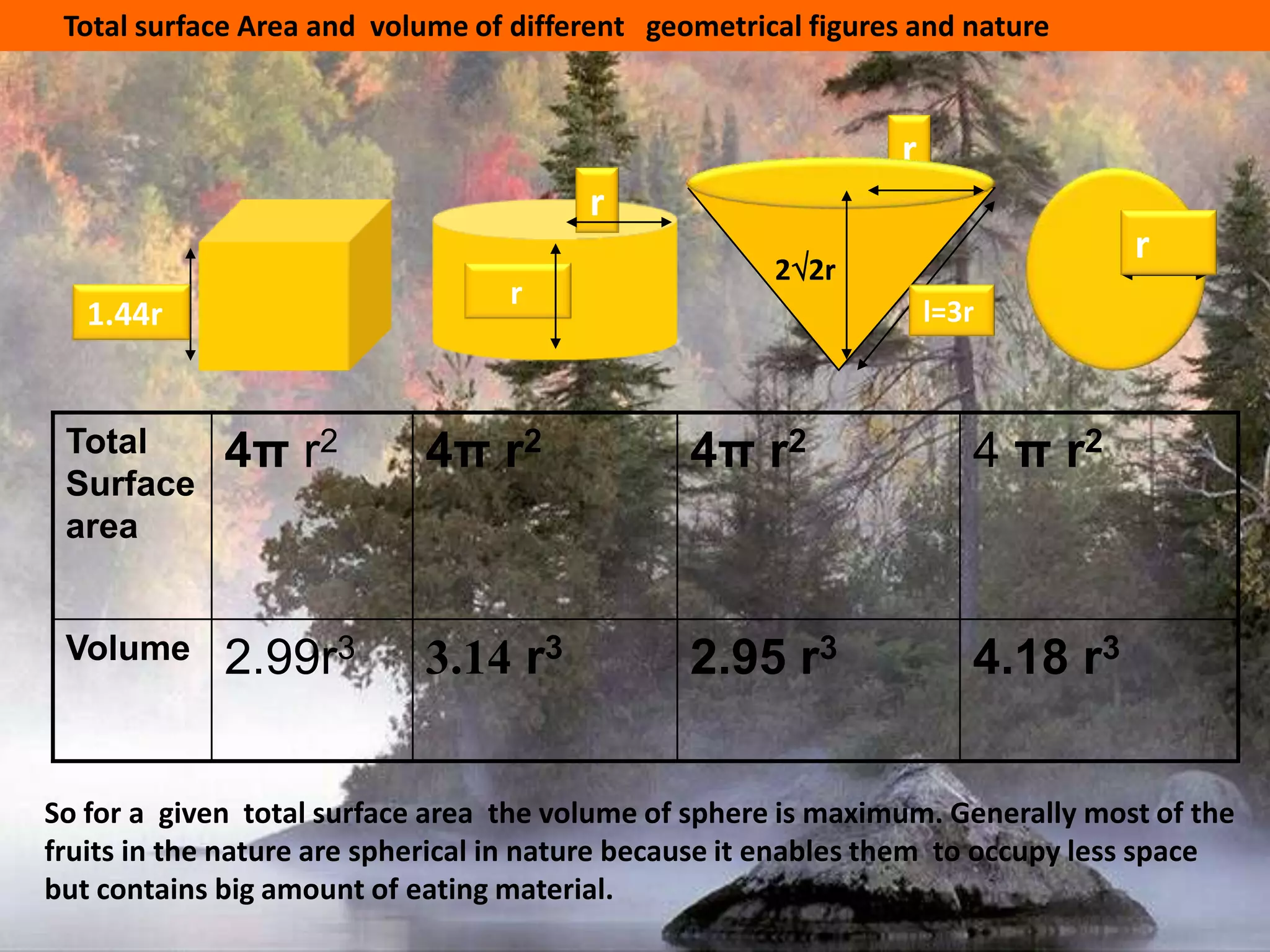        Total surface Area and  volume of different   geometrical figures and naturerrrl=3r    r1.44r22rSo for a  given  total surface area  the volume of sphere is maximum. Generally most of the  fruits in the nature are spherical in nature because it enables them  to occupy less space but contains big amount of eating material.