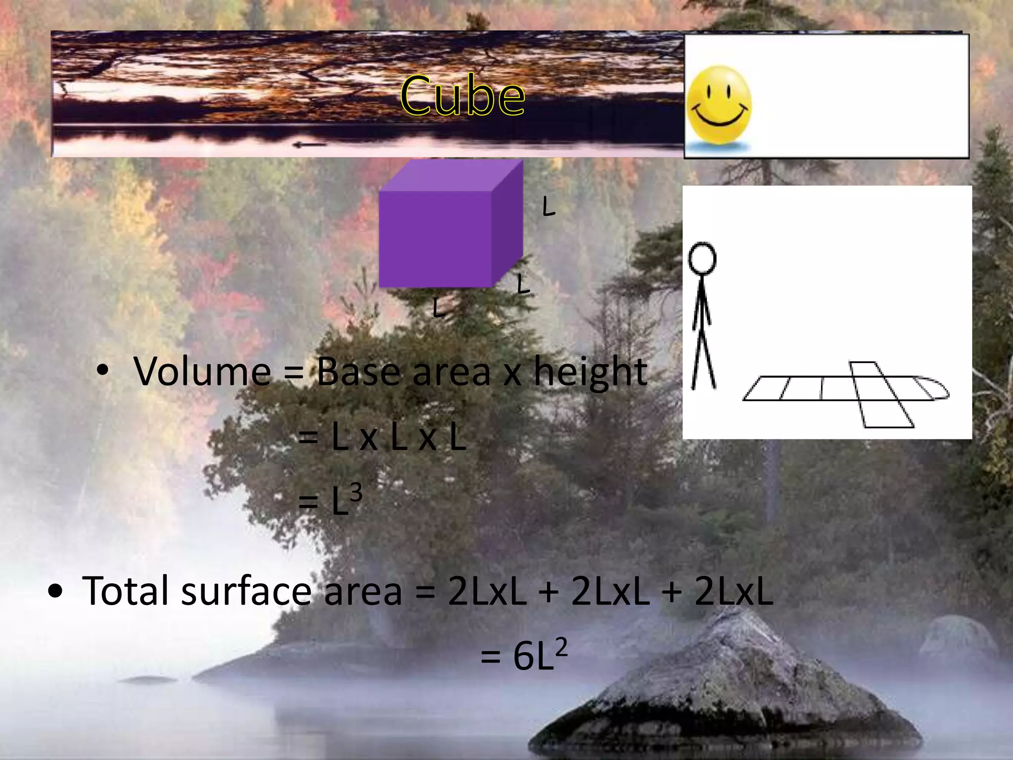 CubeLLLVolume = Base area x height			= L x L x L			= L3Total surface area = 2LxL + 2LxL + 2LxL					   = 6L2