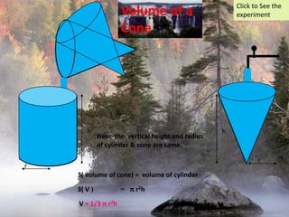 Volume of a                   ConeClick to See the experimenthhHere  the  vertical height and radius of cylinder & cone are same.rr3( volume of cone) =  volume of cylinder3( V)               =   π r2hV = 1/3 π r2h