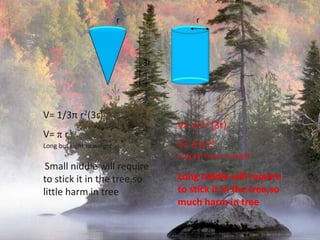 3rrrV= 1/3π r2(3r)V= π r3Long but Light in weightSmall niddle will require to stick it in the tree,so little harm in treeV=  π r2 (3r) V= 3 π r3Long but Heavy in weightLong niddle will require to stick it in the tree,so much harm in tree