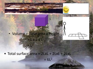 CubeLLLVolume = Base area x height			= L x L x L			= L3Total surface area = 2LxL + 2LxL + 2LxL					   = 6L2