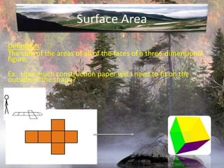 Surface AreaDefinition:The sum of the areas of all of the faces of a three-dimensional figure.Ex.  How much construction paper will I need to fit on the outside of the shape?